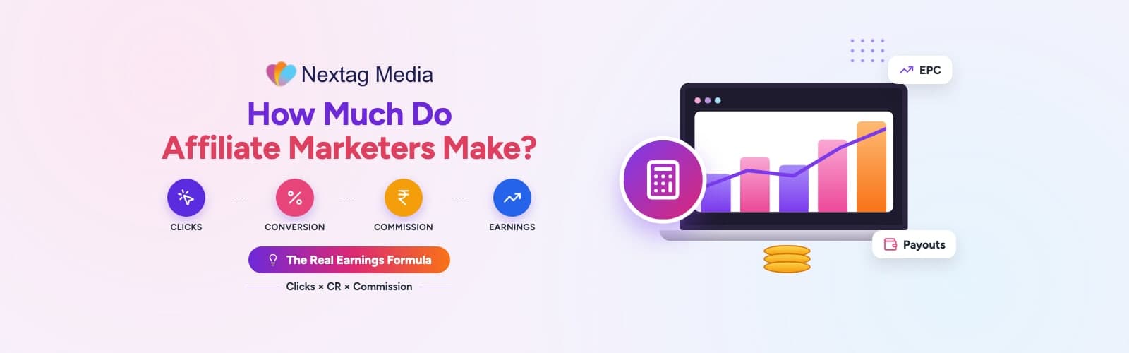 Affiliate dashboard with clicks, conversions and commission columns used to track earnings