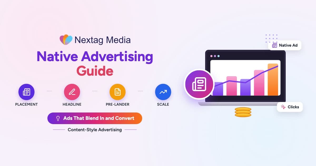 Native Advertising Guide cover: placement, headline, pre-lander, scale