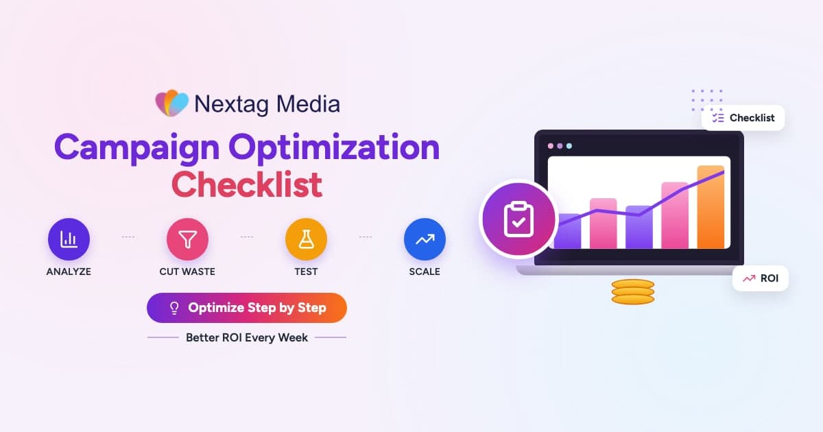 Campaign Optimization Checklist cover: analyze, cut waste, test, scale